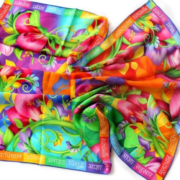 Pure silk square scarf floral wrap "Chakras" - chakra symbols - Picture 2 of 9